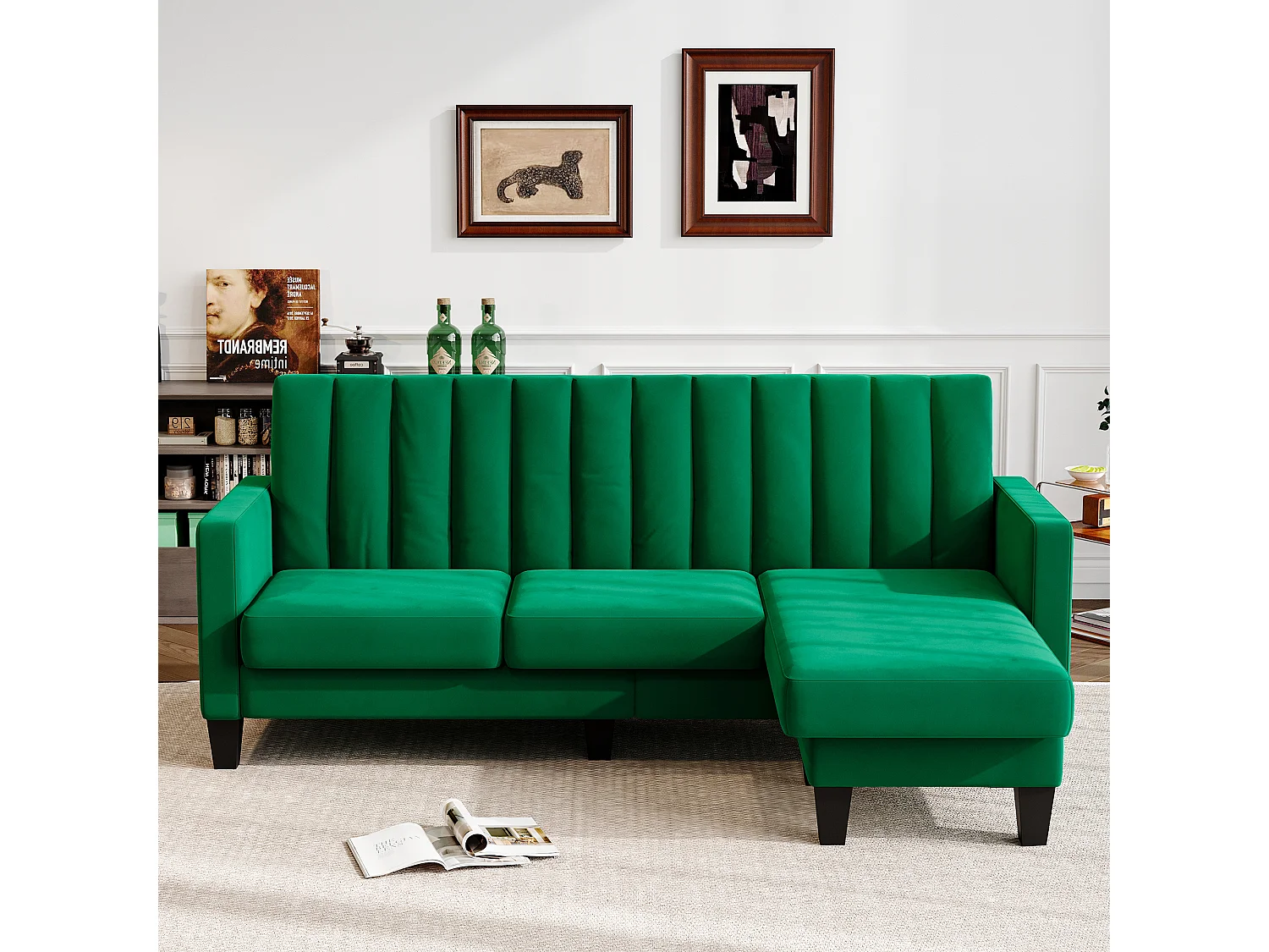 210 CM hoekbank, omkeerbare hoekfauteuil, omkeerbare converteerbaar, 3-4 plaatsen, Verticaal gestreepte fluwelen stof, Groen