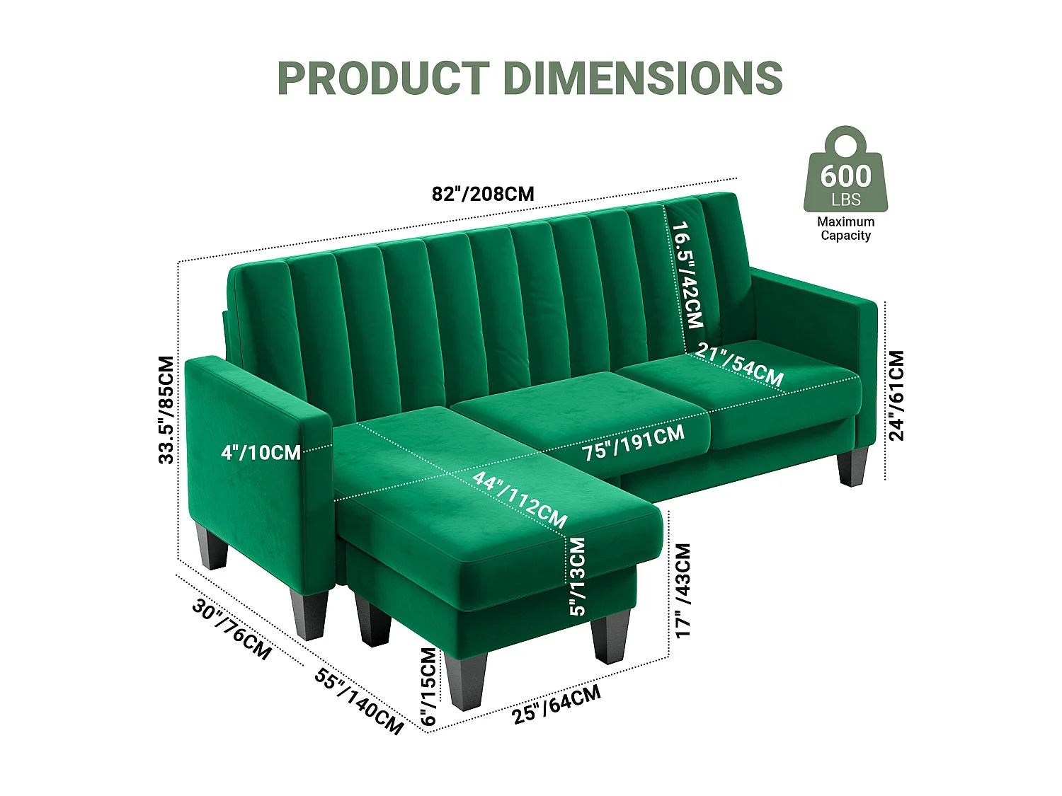 210 CM hoekbank, omkeerbare hoekfauteuil, omkeerbare converteerbaar, 3-4 plaatsen, Verticaal gestreepte fluwelen stof, Groen