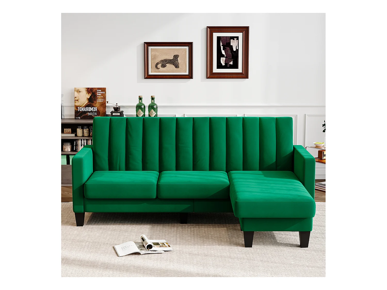 Sofá de esquina reversible de 3/4 en tela verde - Meridian o Pouf - Rastritos verticales - 208x76x85cm