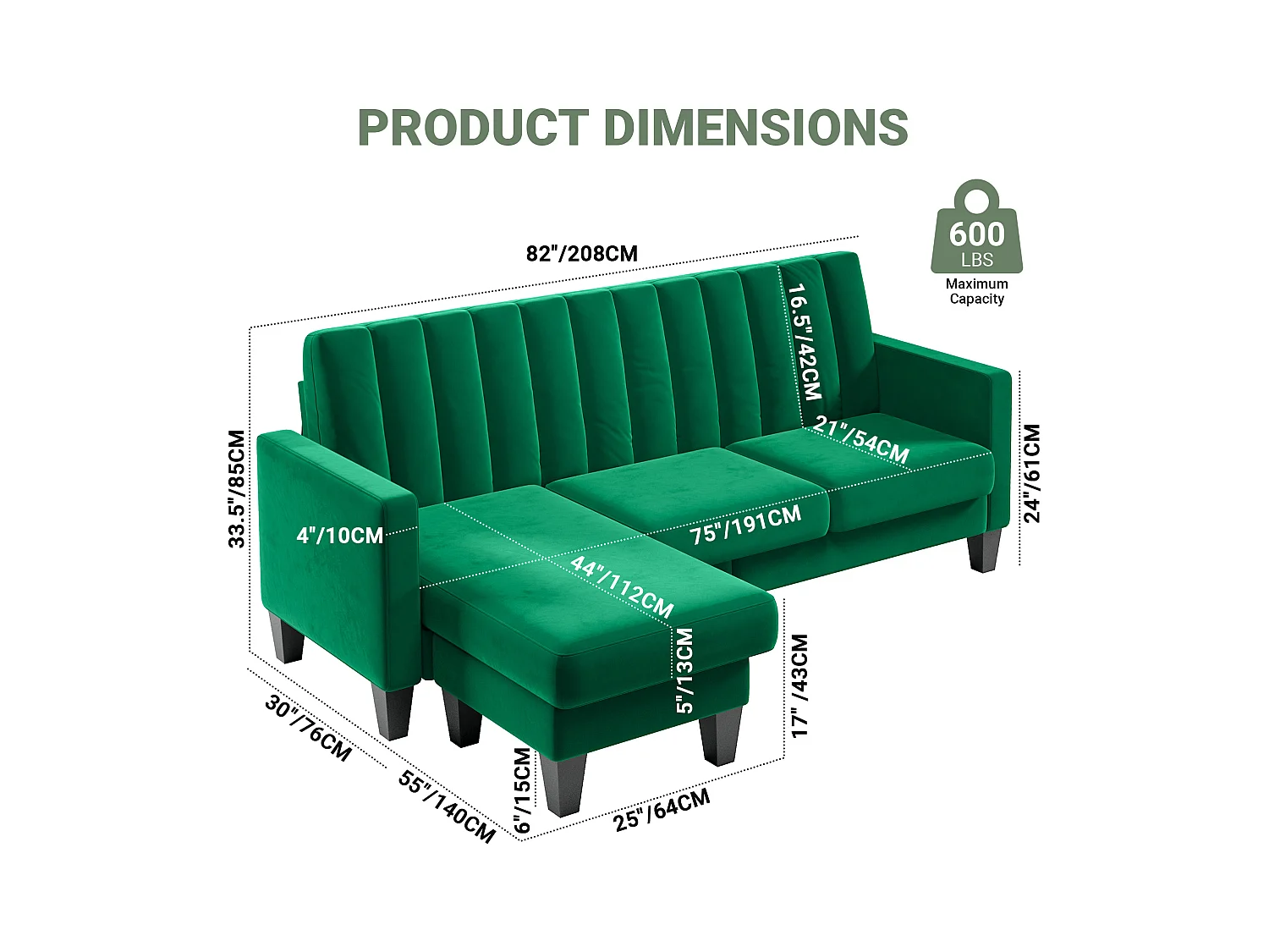Reversible 3/4 - Ecksofa im grünen Stoff - Meridian oder Pouf - vertikale Kratzer - 208x76x85 cm