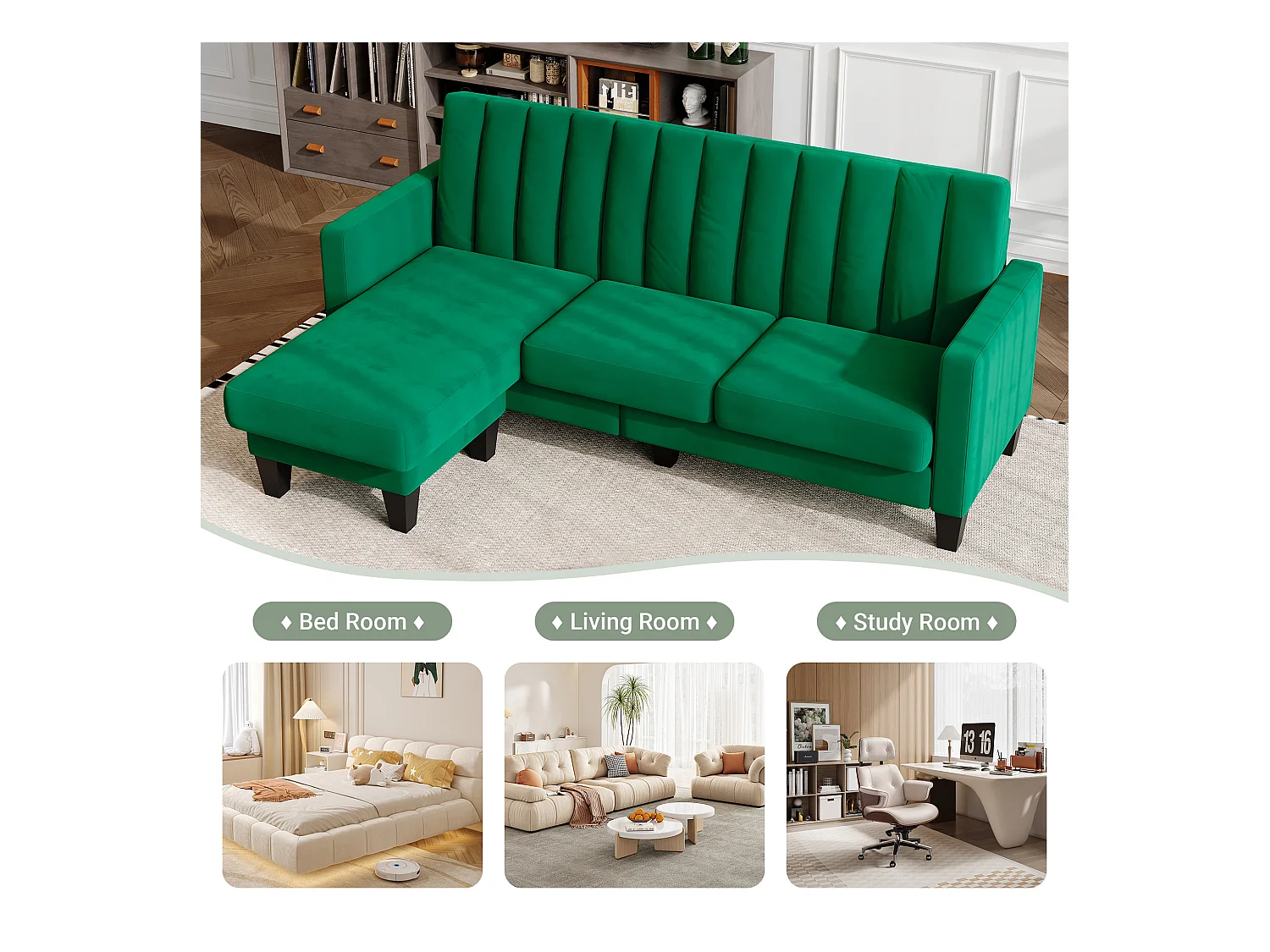 Reversible 3/4 - Ecksofa im grünen Stoff - Meridian oder Pouf - vertikale Kratzer - 208x76x85 cm