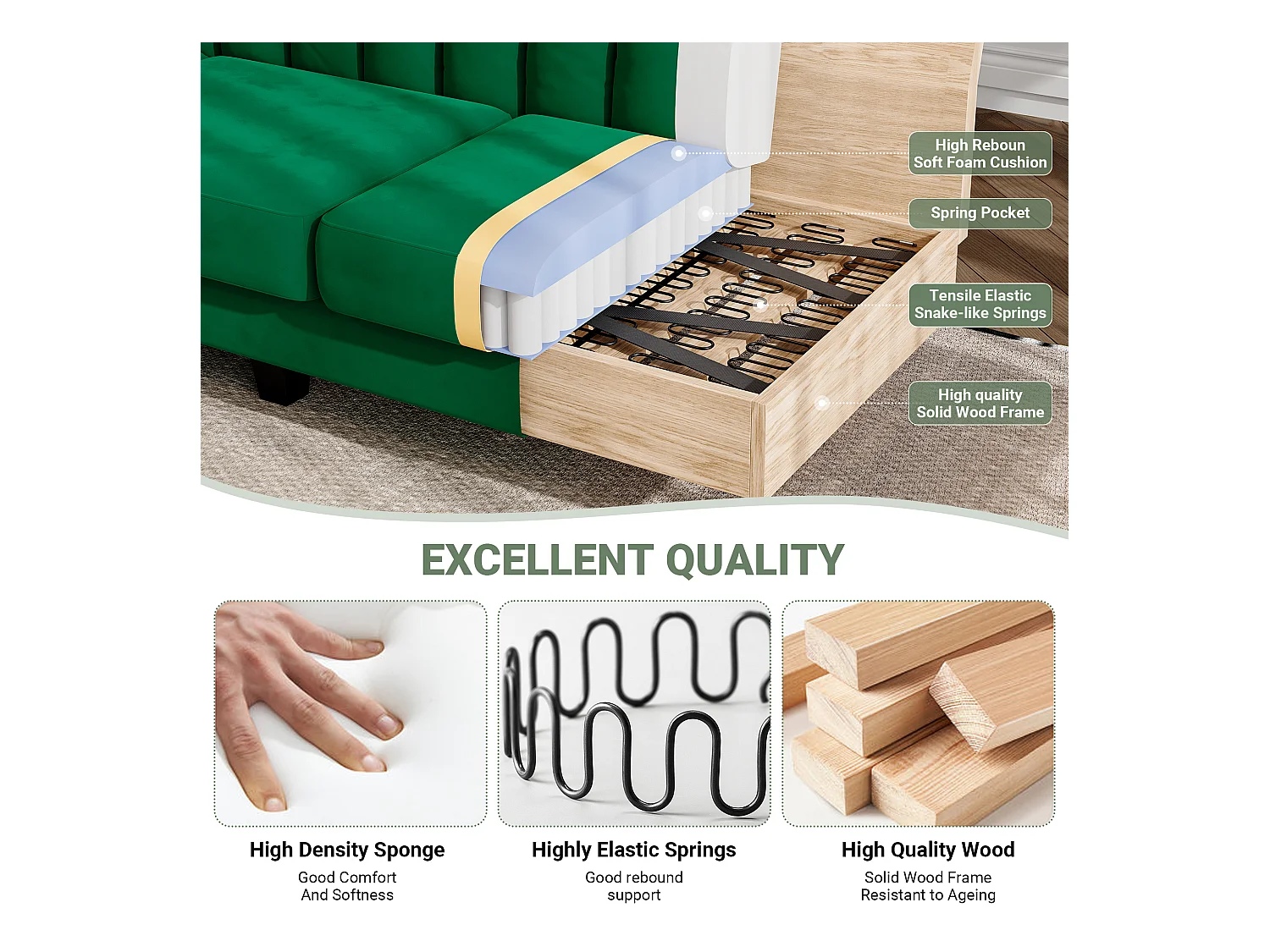 Reversible 3/4 - Ecksofa im grünen Stoff - Meridian oder Pouf - vertikale Kratzer - 208x76x85 cm