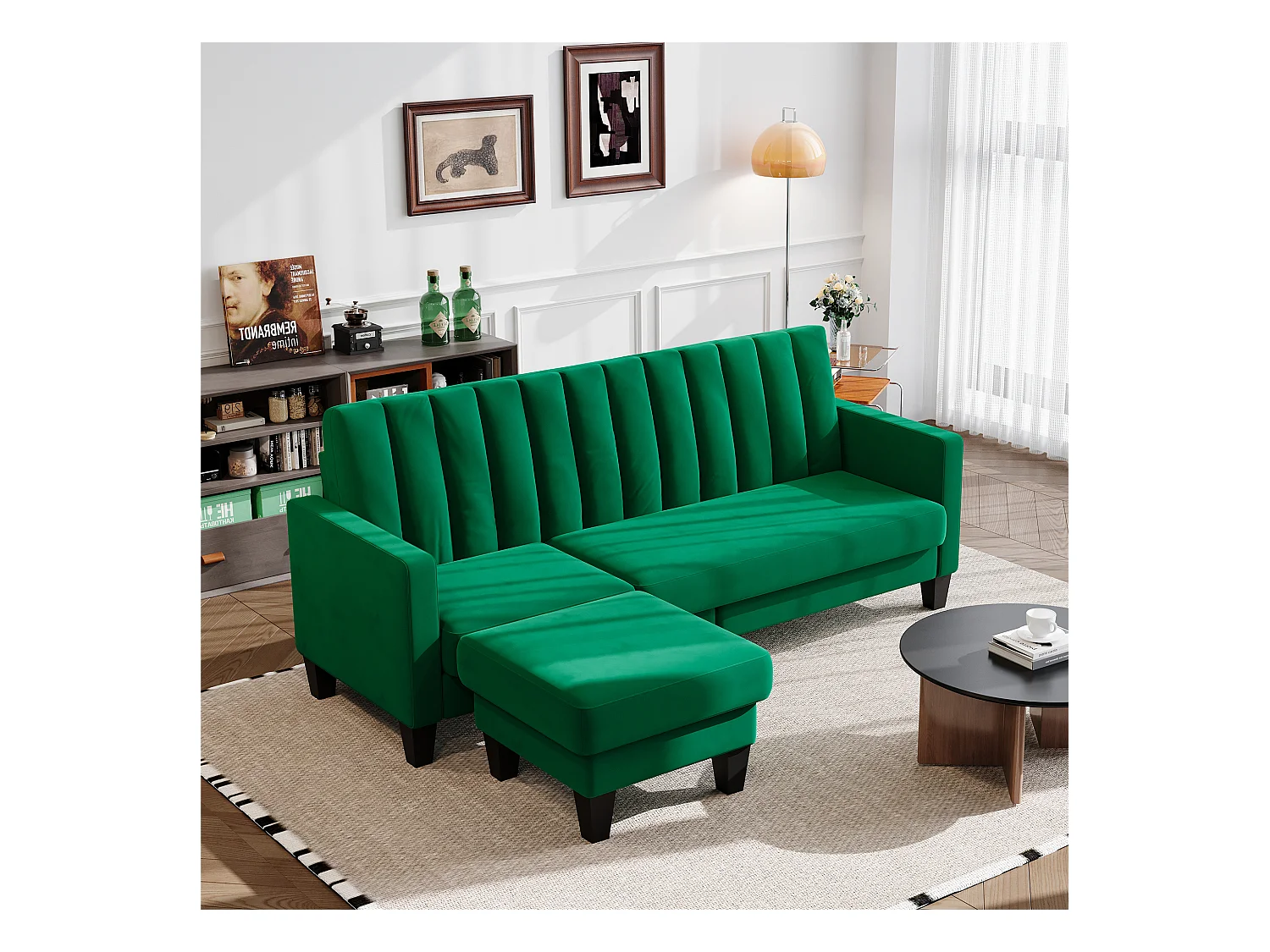 Reversible 3/4 - Ecksofa im grünen Stoff - Meridian oder Pouf - vertikale Kratzer - 208x76x85 cm