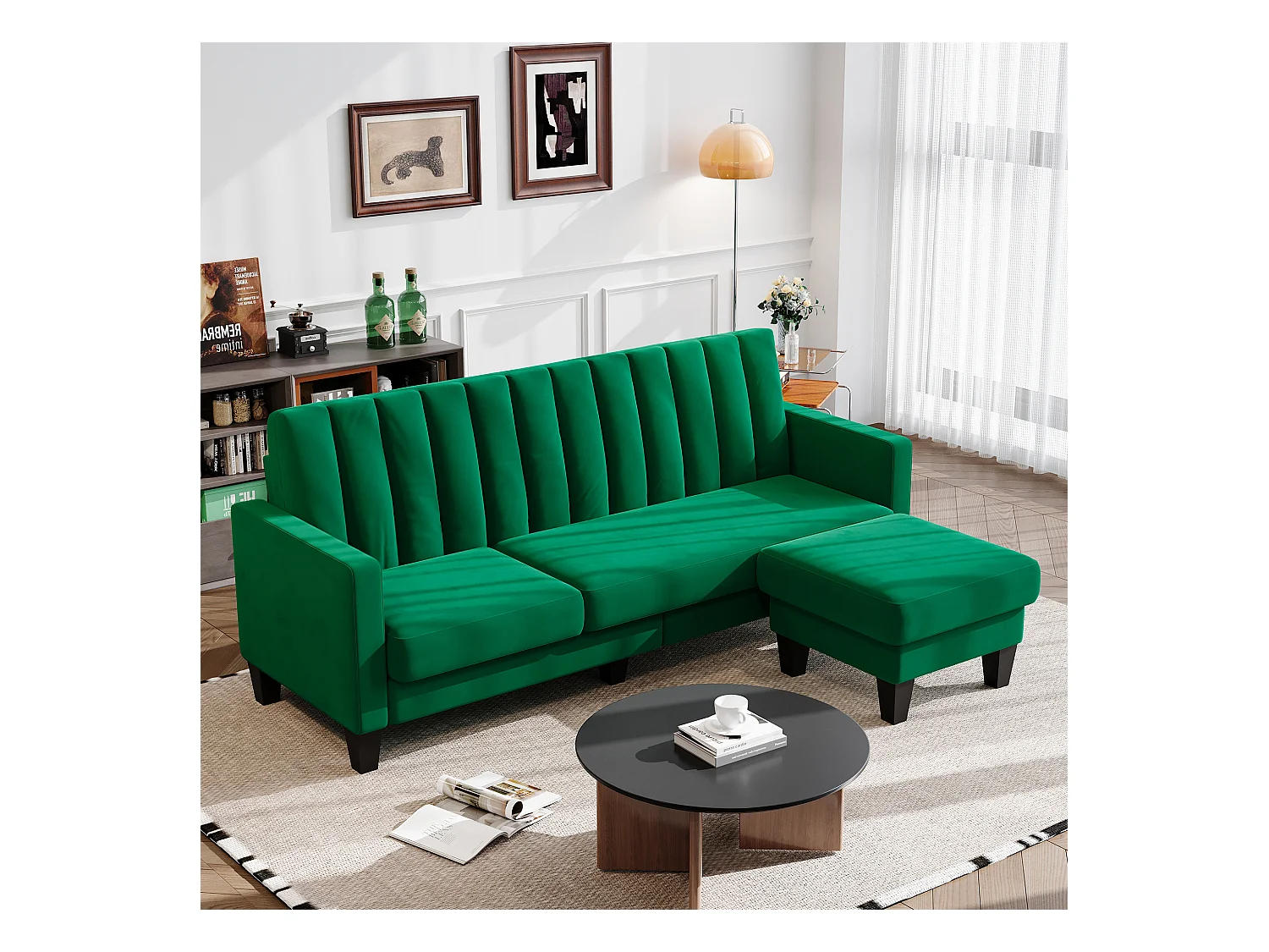 Reversible 3/4 - Ecksofa im grünen Stoff - Meridian oder Pouf - vertikale Kratzer - 208x76x85 cm