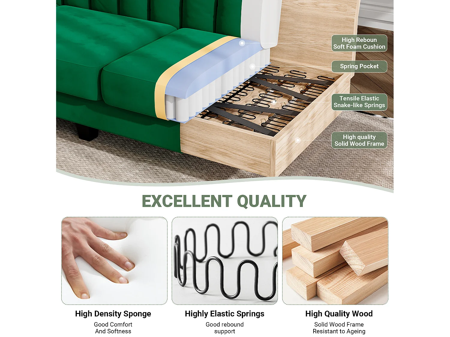 Canapé d'angle 210 CM, fauteuil d'angle réversible, convertible réversible, 3-4 places, Tissu velours à rayures verticales, Vert