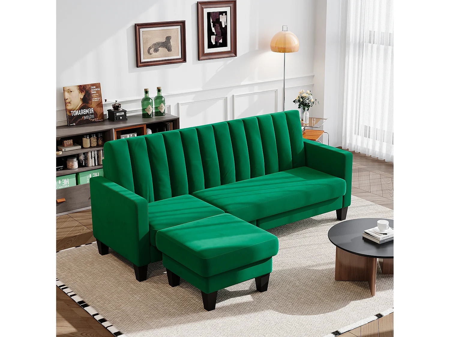Canapé d'angle 210 CM, fauteuil d'angle réversible, convertible réversible, 3-4 places, Tissu velours à rayures verticales, Vert