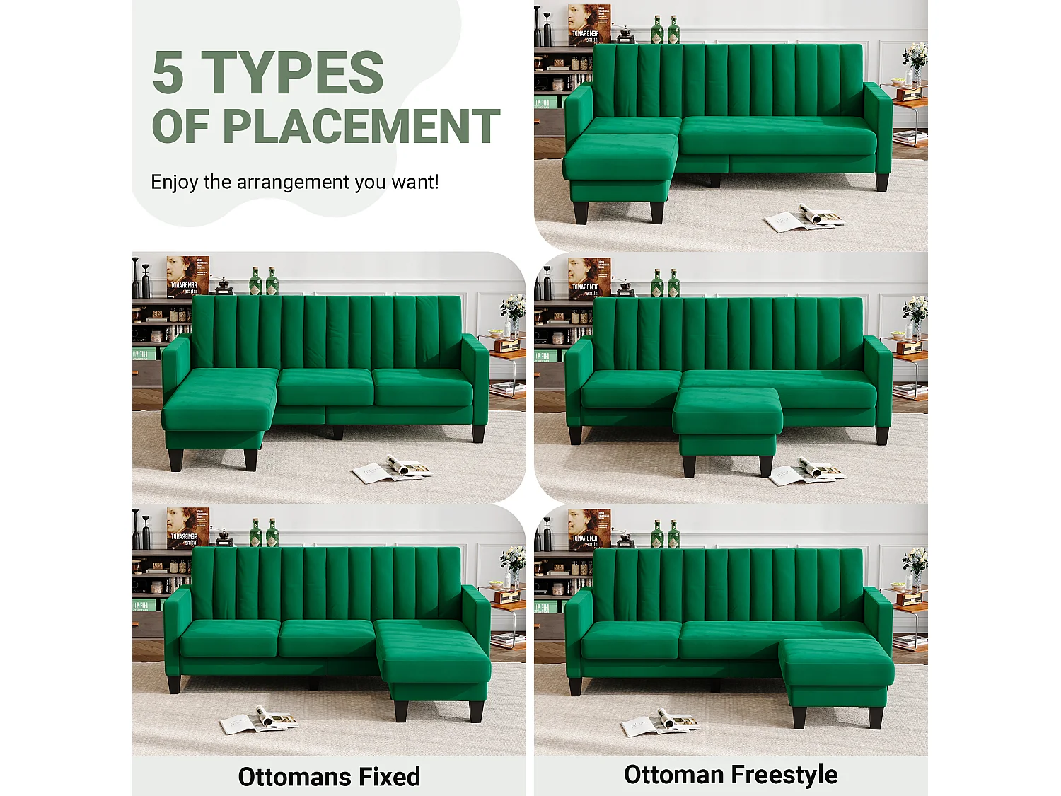 Canapé d'angle 210 CM, fauteuil d'angle réversible, convertible réversible, 3-4 places, Tissu velours à rayures verticales, Vert