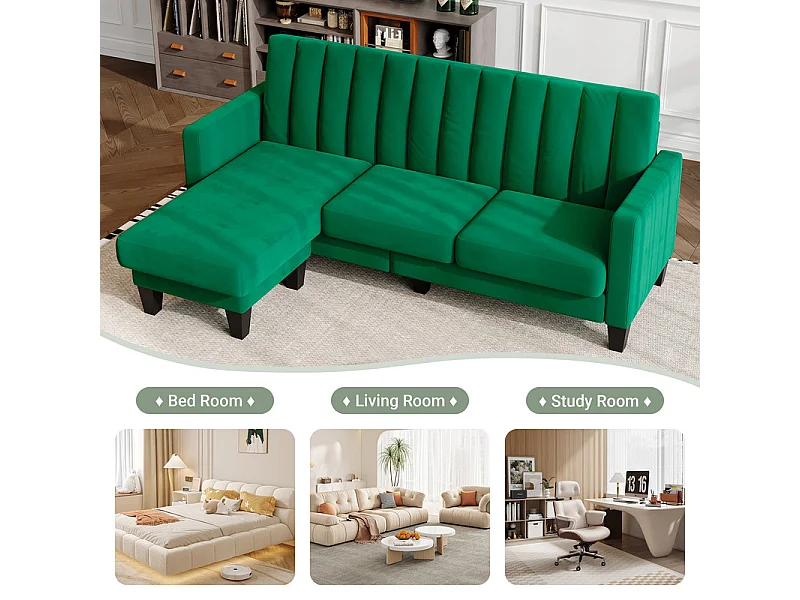 Canapé d'angle 210 CM, fauteuil d'angle réversible, convertible réversible, 3-4 places, Tissu velours à rayures verticales, Vert
