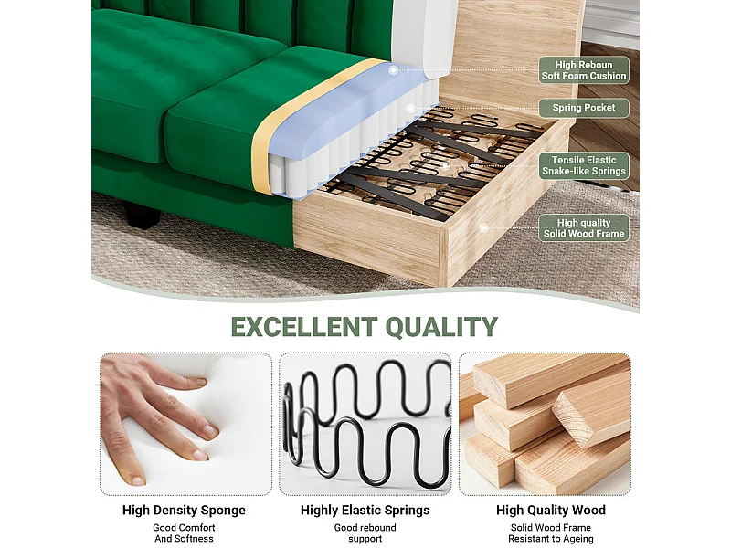 Canapé d'angle 210 CM, fauteuil d'angle réversible, convertible réversible, 3-4 places, Tissu velours à rayures verticales, Vert