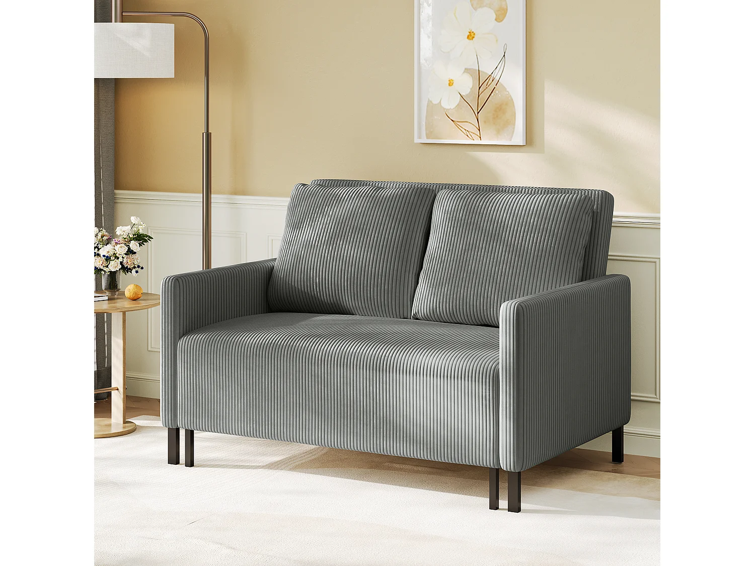 Canape 2 places convertible clic-clac, en Velours côtelé gris, Couchage 170 cm, Matelas 10 cm, pour Studio/Salon/Chambre