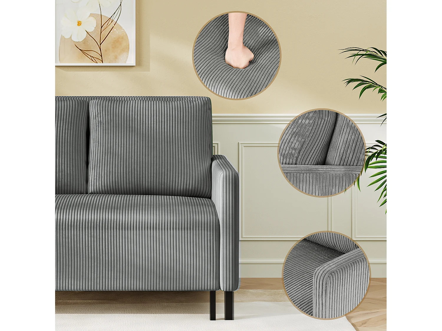 Canape 2 places convertible clic-clac, en Velours côtelé gris, Couchage 170 cm, Matelas 10 cm, pour Studio/Salon/Chambre