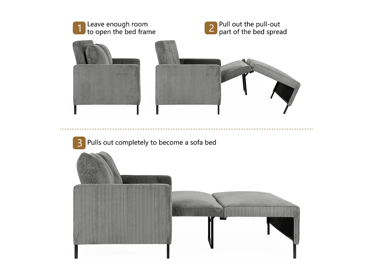 Canape 2 places convertible clic-clac, en Velours côtelé gris, Couchage 170 cm, Matelas 10 cm, pour Studio/Salon/Chambre