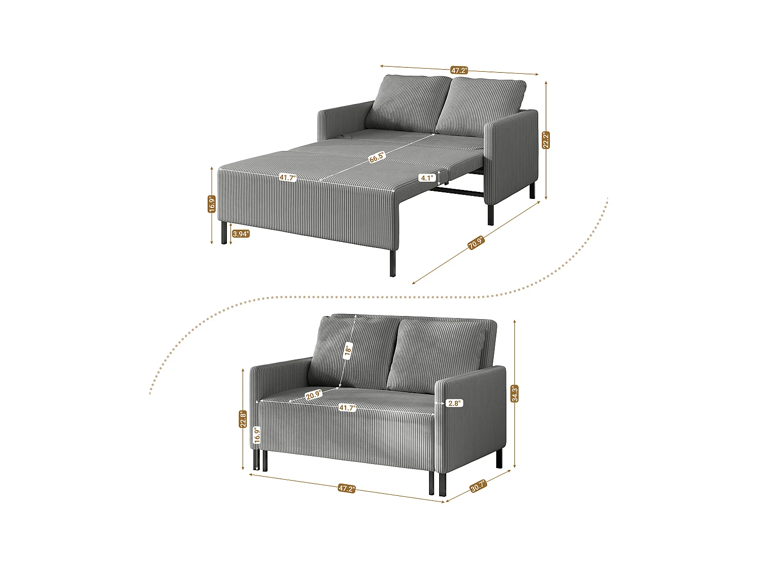 2-zits slaapbank, converteerbare fauteuil fauteuil bed 170 cm, voor studio woonkamer logeerkamer