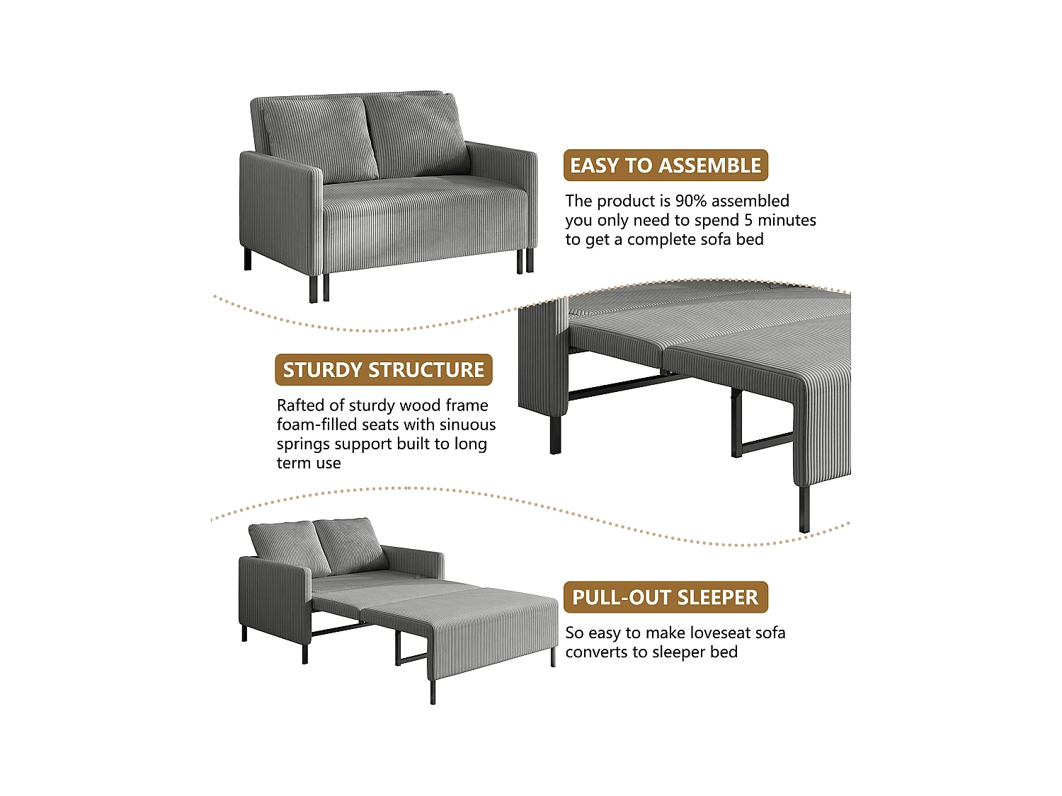 2-zits slaapbank, converteerbare fauteuil fauteuil bed 170 cm, voor studio woonkamer logeerkamer