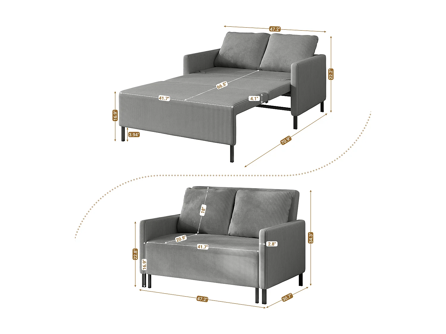 2-Sitzer Cabrio-Sofa Klick klicken, grau gerippter Samt, 170 cm Schlaf, 10 cm Matratze für Studio/Wohnzimmer/Schlafzimmer