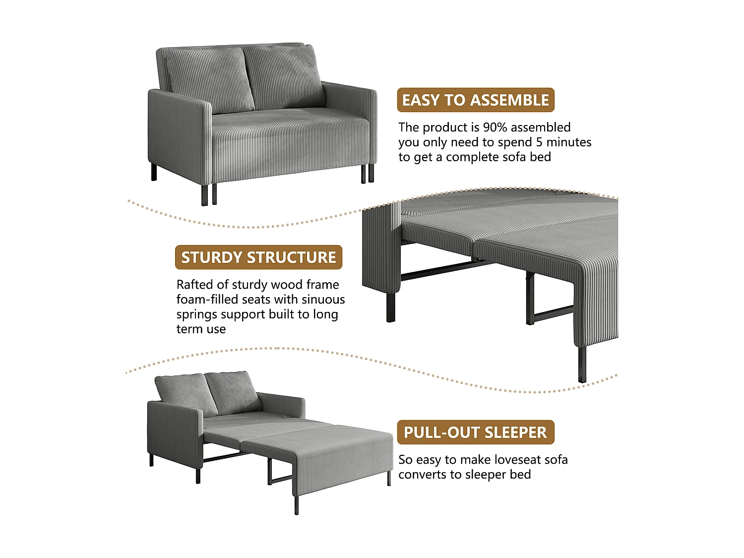 2-Sitzer Cabrio-Sofa Klick klicken, grau gerippter Samt, 170 cm Schlaf, 10 cm Matratze für Studio/Wohnzimmer/Schlafzimmer