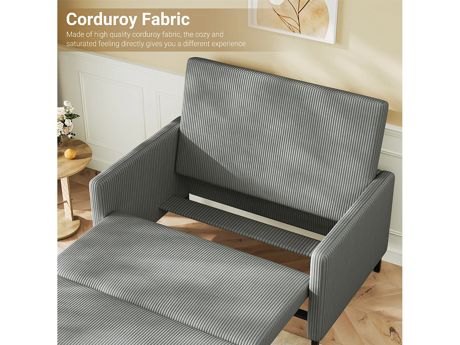 2-Sitzer Cabrio-Sofa Klick klicken, grau gerippter Samt, 170 cm Schlaf, 10 cm Matratze für Studio/Wohnzimmer/Schlafzimmer