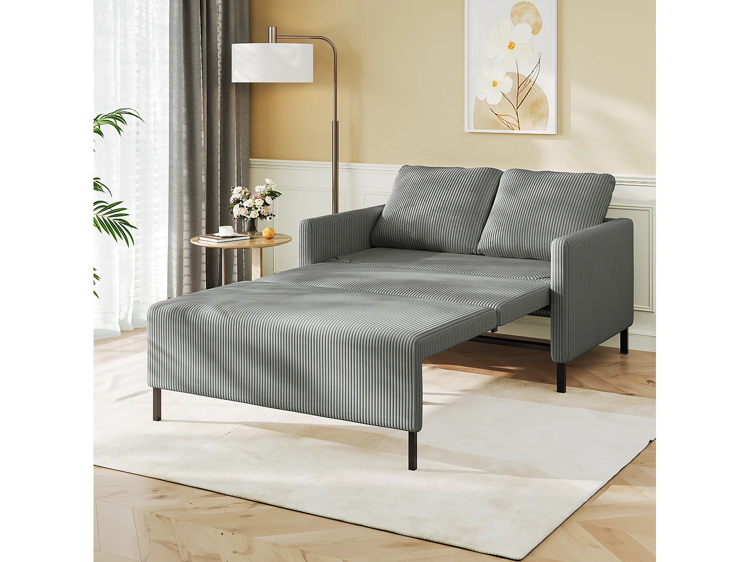 Divano convertibile a 2 posti Click-click, in velluto a coste grigio, sonno 170 cm, materasso da 10 cm, per studio/soggiorno/camera da letto