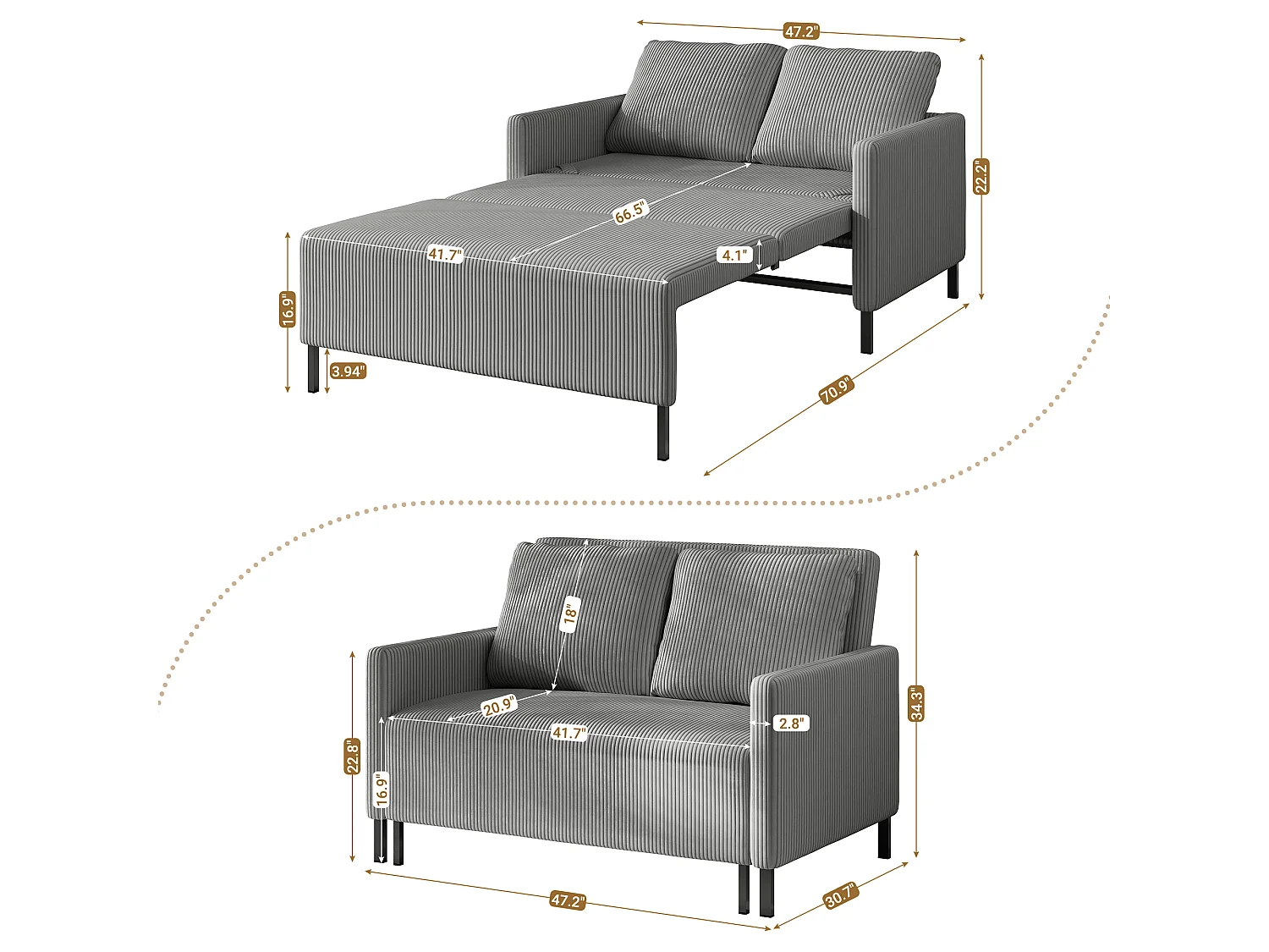 Divano convertibile a 2 posti Click-click, in velluto a coste grigio, sonno 170 cm, materasso da 10 cm, per studio/soggiorno/camera da letto