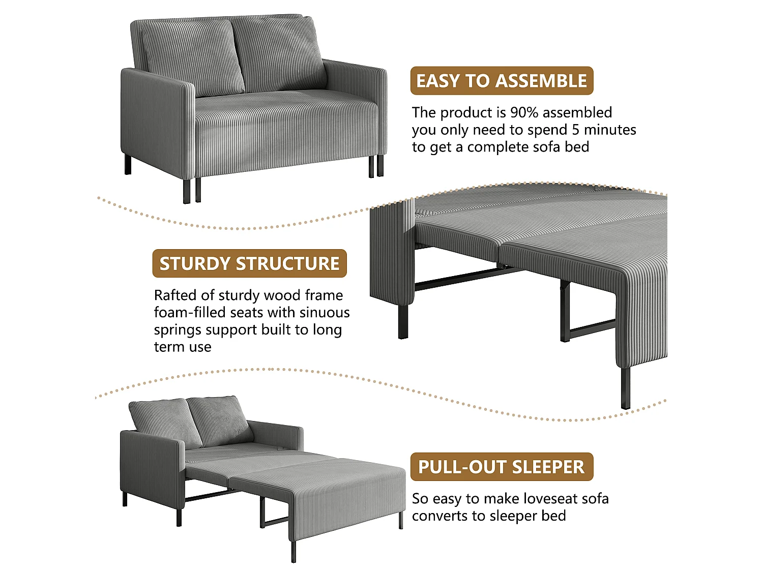 Divano convertibile a 2 posti Click-click, in velluto a coste grigio, sonno 170 cm, materasso da 10 cm, per studio/soggiorno/camera da letto