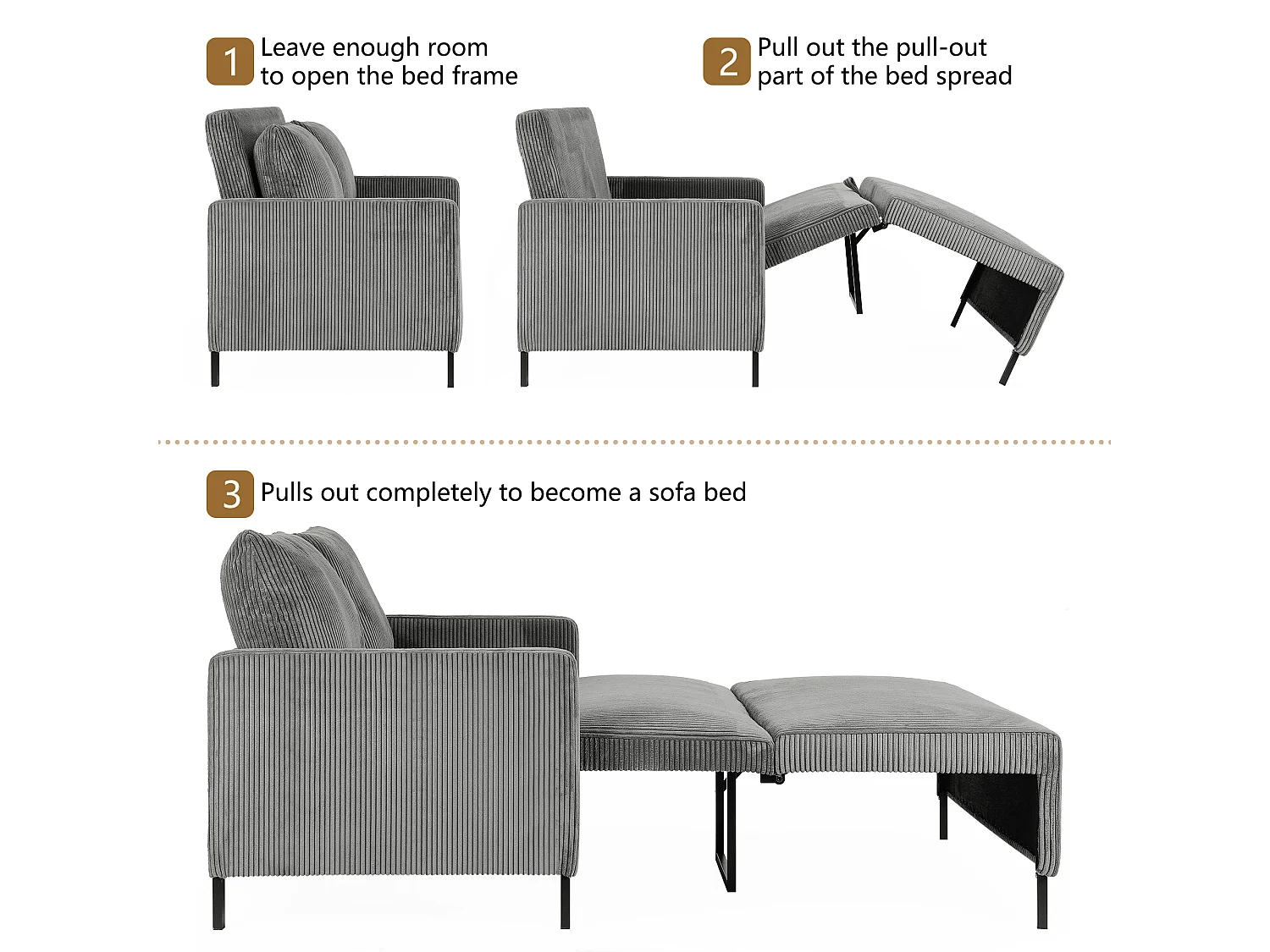 Divano convertibile a 2 posti Click-click, in velluto a coste grigio, sonno 170 cm, materasso da 10 cm, per studio/soggiorno/camera da letto