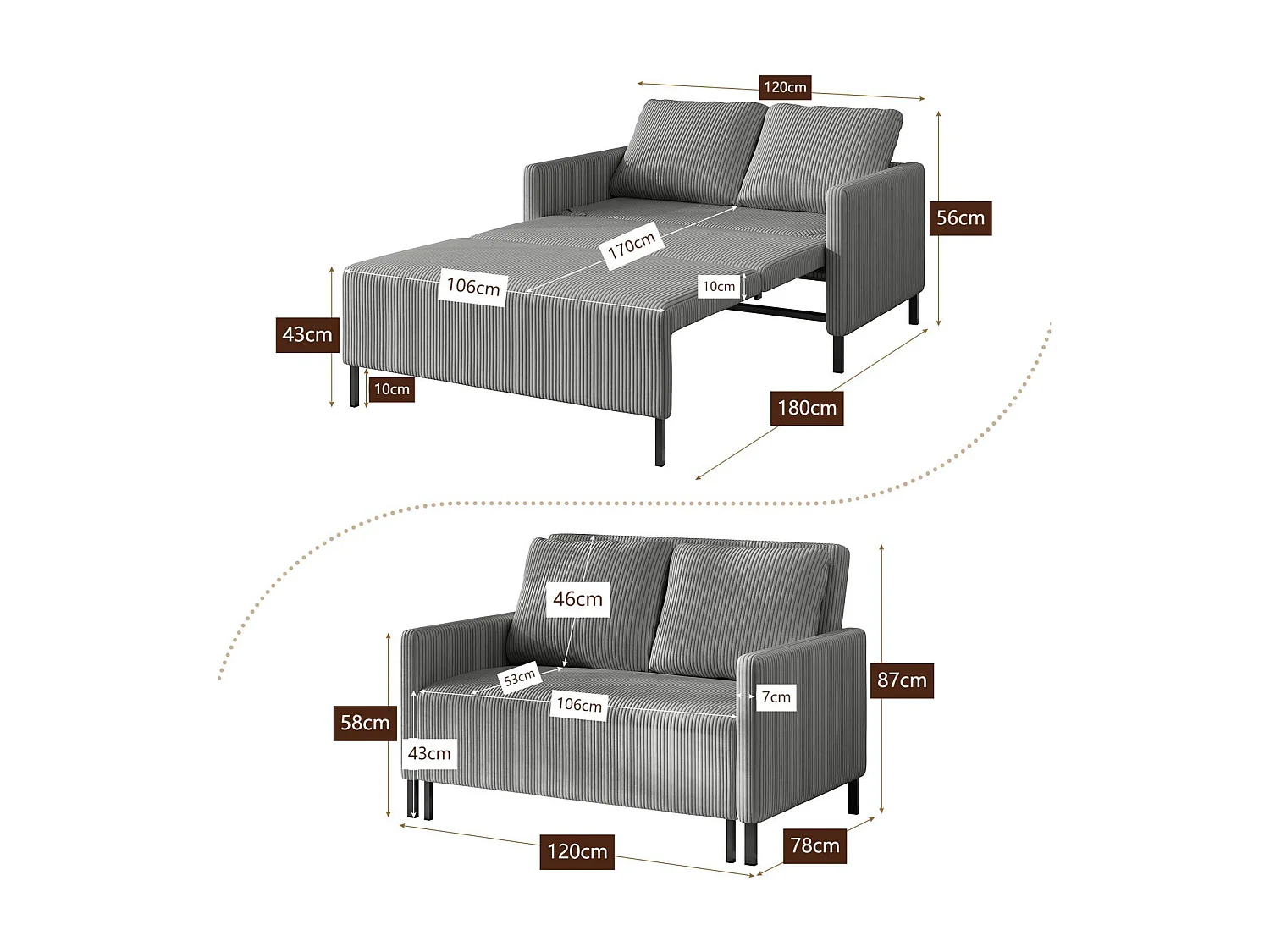 2-zits slaapbank, converteerbare fauteuil fauteuil bed 170 cm, voor studio woonkamer logeerkamer