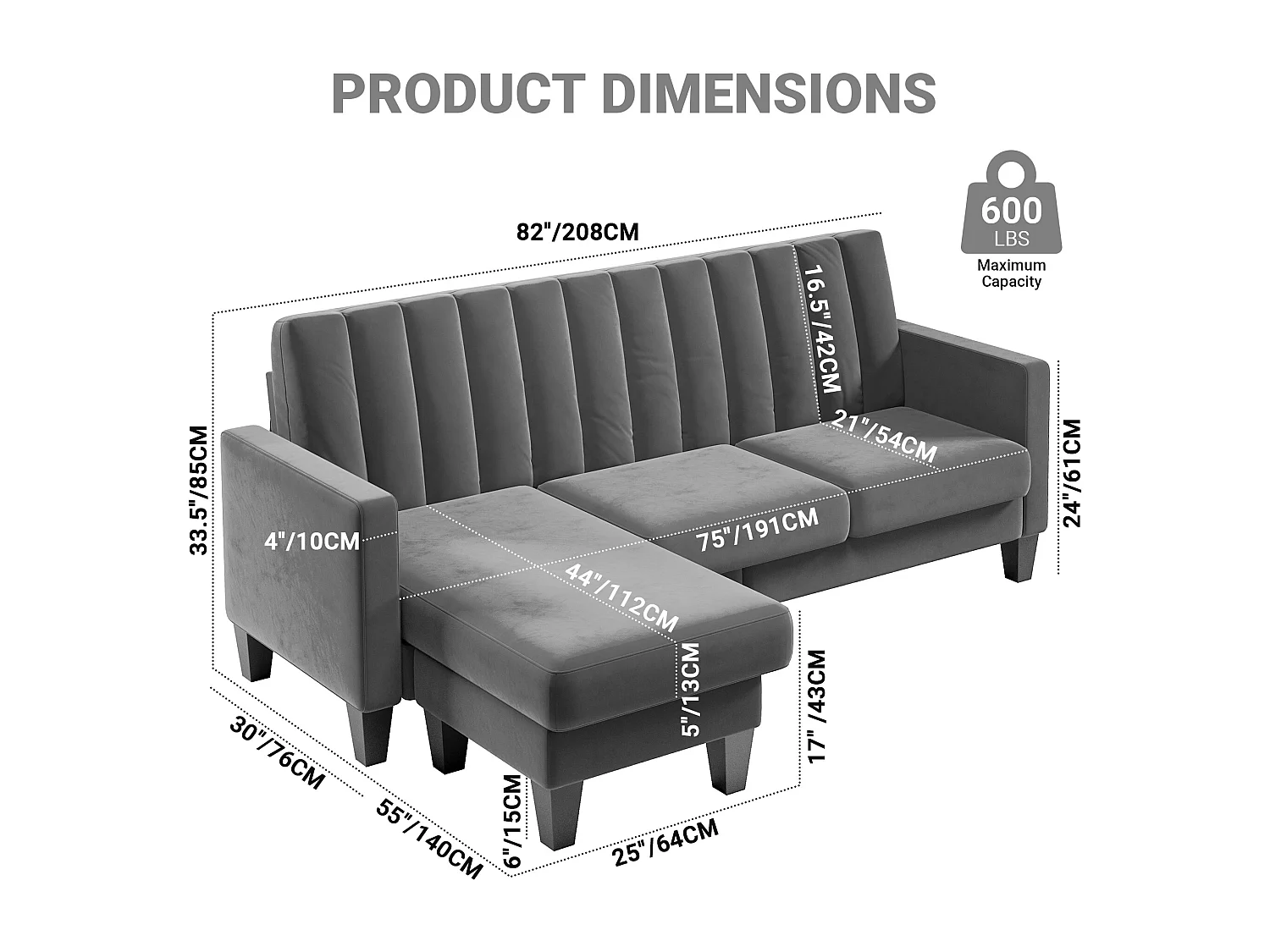 Omkeerbare hoekbank in stof grijs - 3/4 plaatsen - Meridian of Pouffe - Verticale strepen - 208x76x85cm