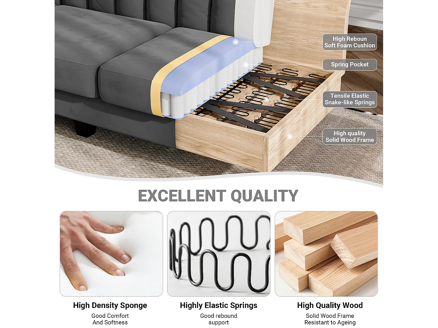 Omkeerbare hoekbank in stof grijs - 3/4 plaatsen - Meridian of Pouffe - Verticale strepen - 208x76x85cm