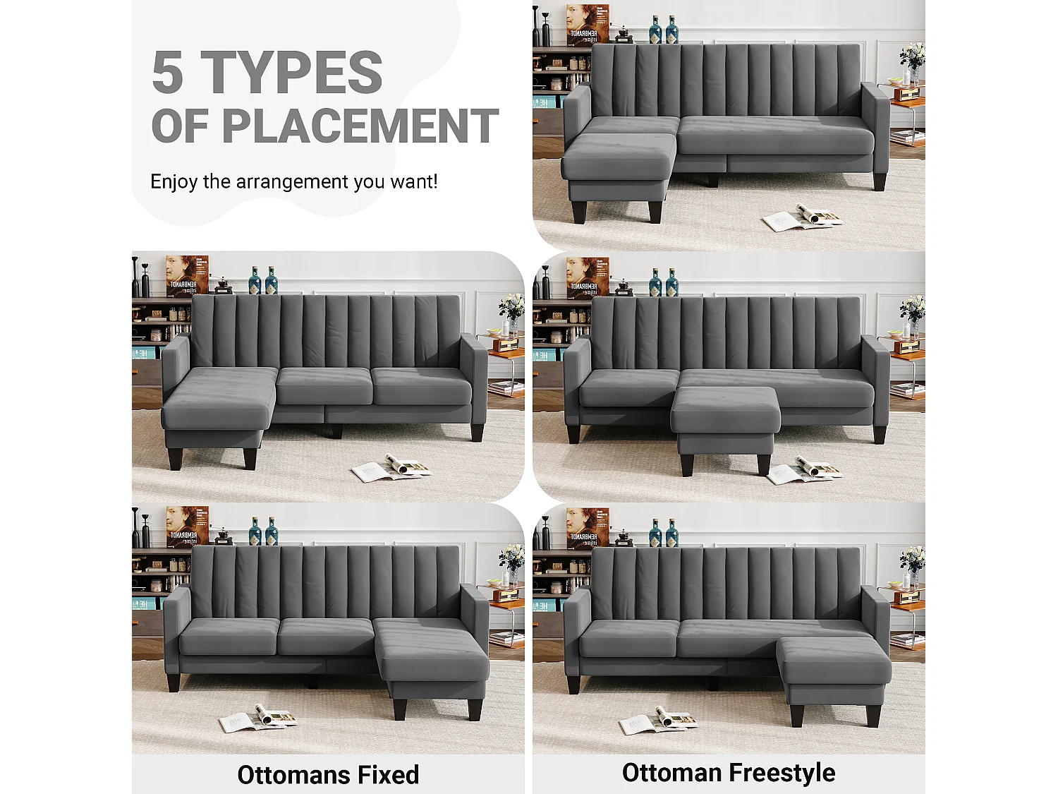 Omkeerbare hoekbank in stof grijs - 3/4 plaatsen - Meridian of Pouffe - Verticale strepen - 208x76x85cm