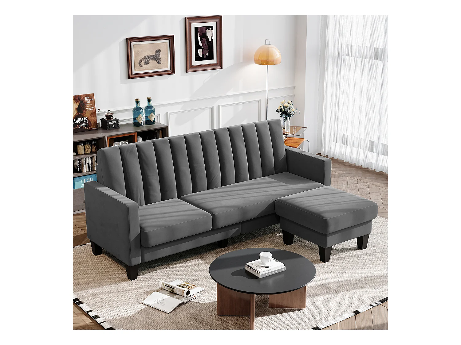 Canapé d'angle 3/4 places réversible en tissu gris - méridienne ou pouf - rayures verticales - 208x76x85cm