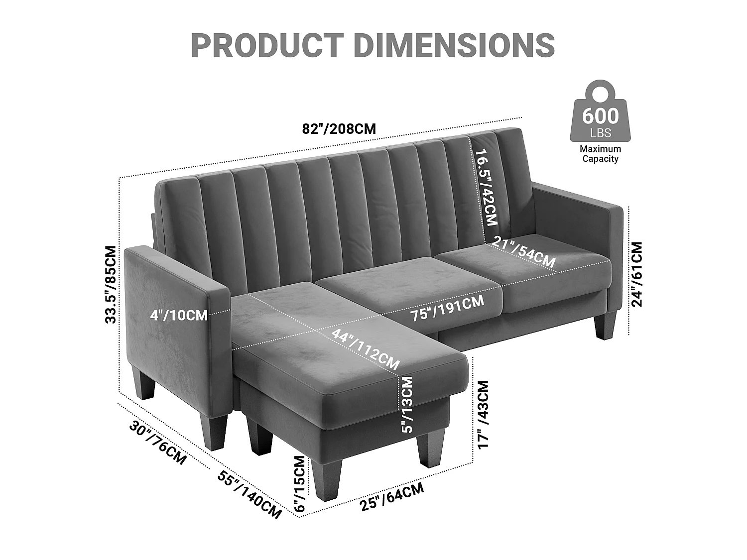 Divano angolare reversibile in tessuto grigio - 3/4 posti - Meridian o Pouf - Stripe verticali - 208x76x85cm