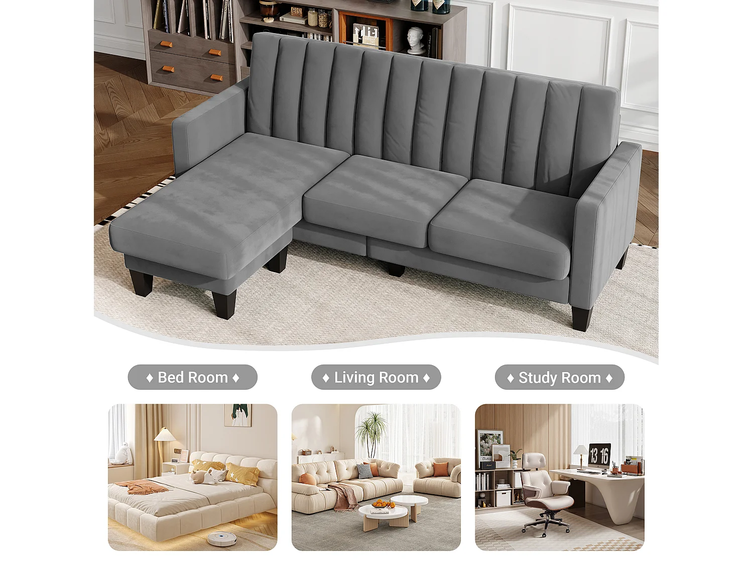 Divano angolare reversibile in tessuto grigio - 3/4 posti - Meridian o Pouf - Stripe verticali - 208x76x85cm