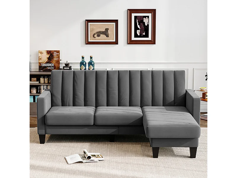 Canapé d'angle 3/4 places réversible en tissu gris - méridienne ou pouf - rayures verticales - 208x76x85cm