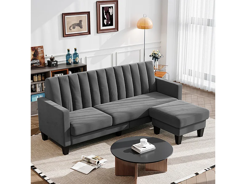 Canapé d'angle 3/4 places réversible en tissu gris - méridienne ou pouf - rayures verticales - 208x76x85cm