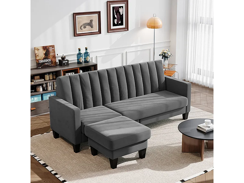 Canapé d'angle 3/4 places réversible en tissu gris - méridienne ou pouf - rayures verticales - 208x76x85cm