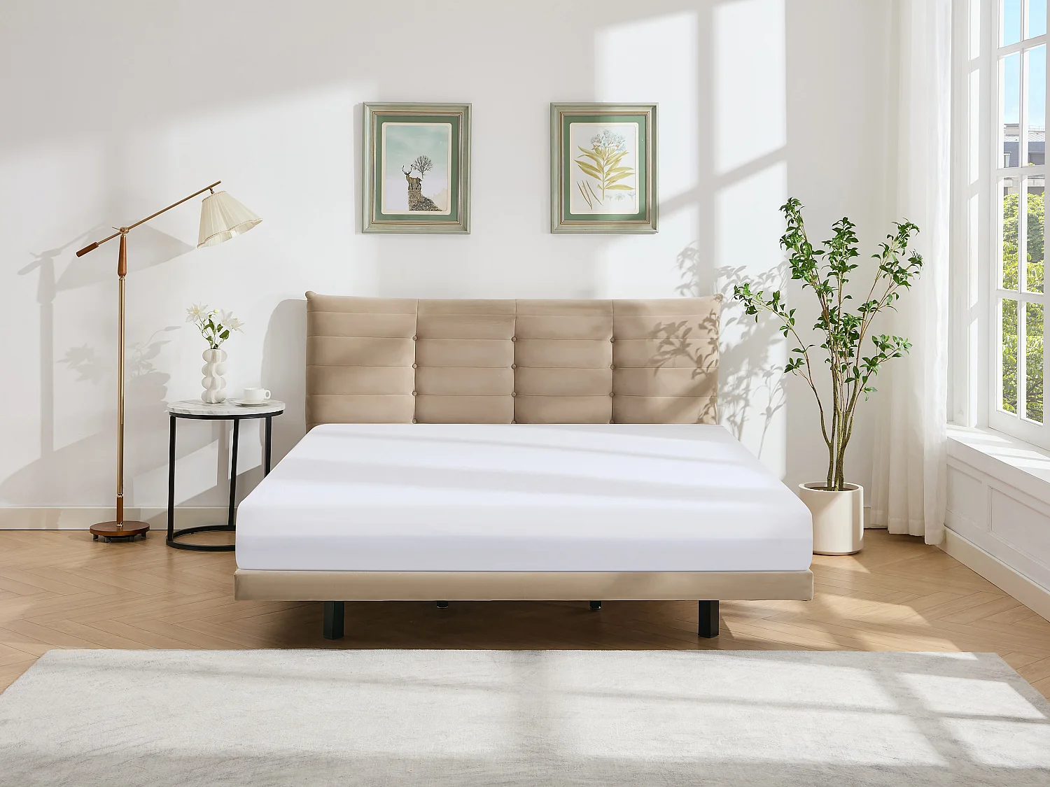 Bed 140 x 190 cm met hoofdbord met capitons - Velours - Beige + matras - NISATIO