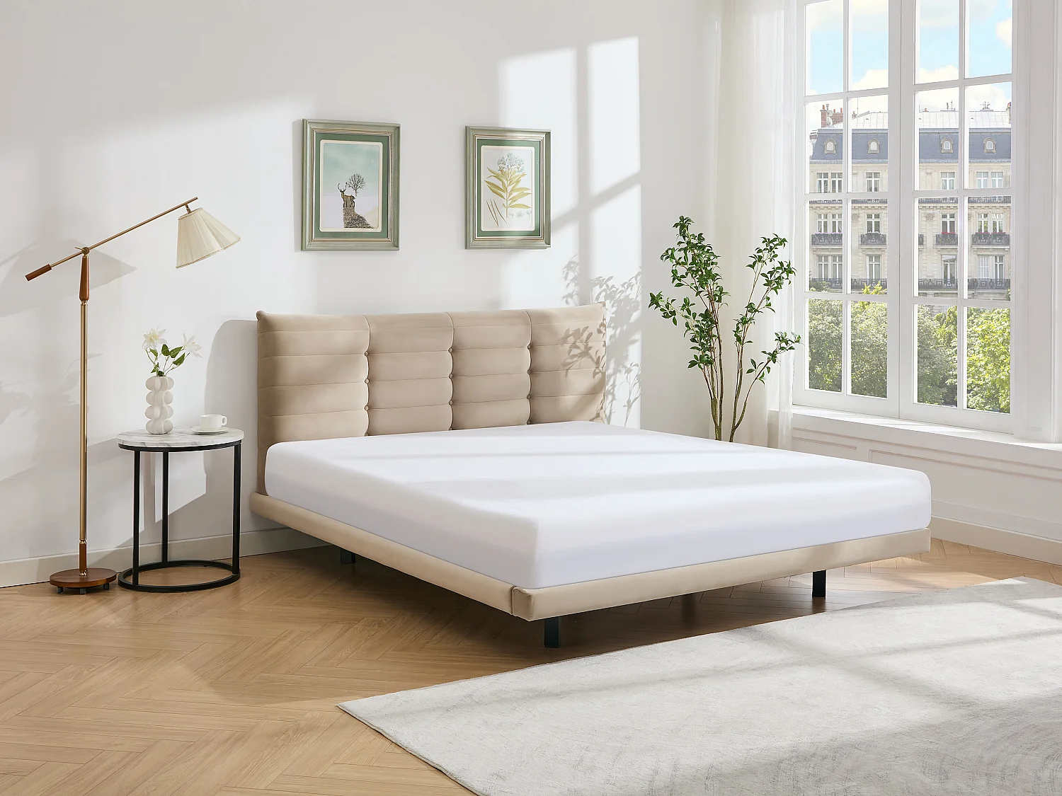Lit 160 x 200 cm avec tête de lit capitonnée - Velours - Beige + Matelas - NISATIO