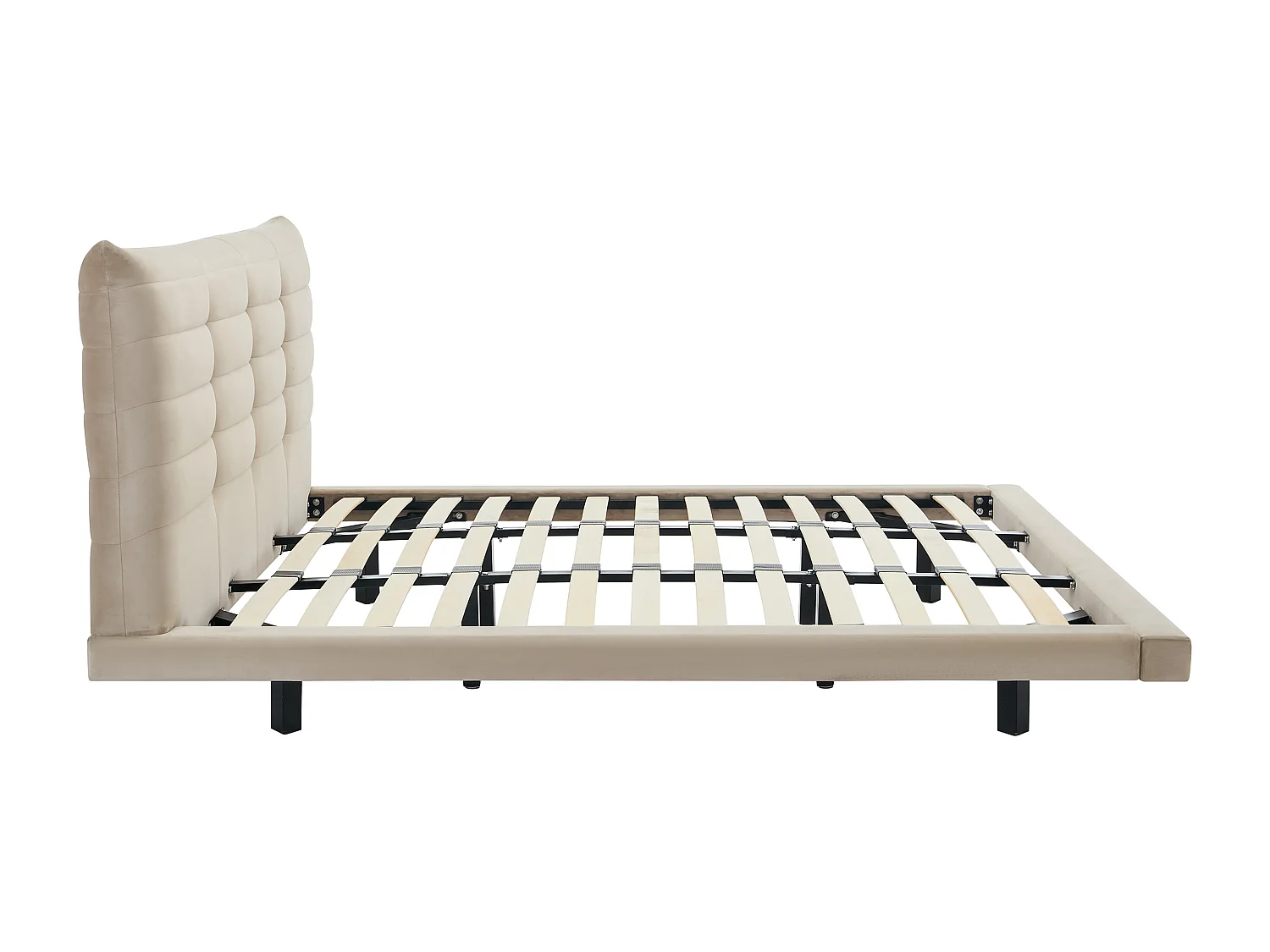 Lit 160 x 200 cm avec tête de lit capitonnée - Velours - Beige + Matelas - NISATIO