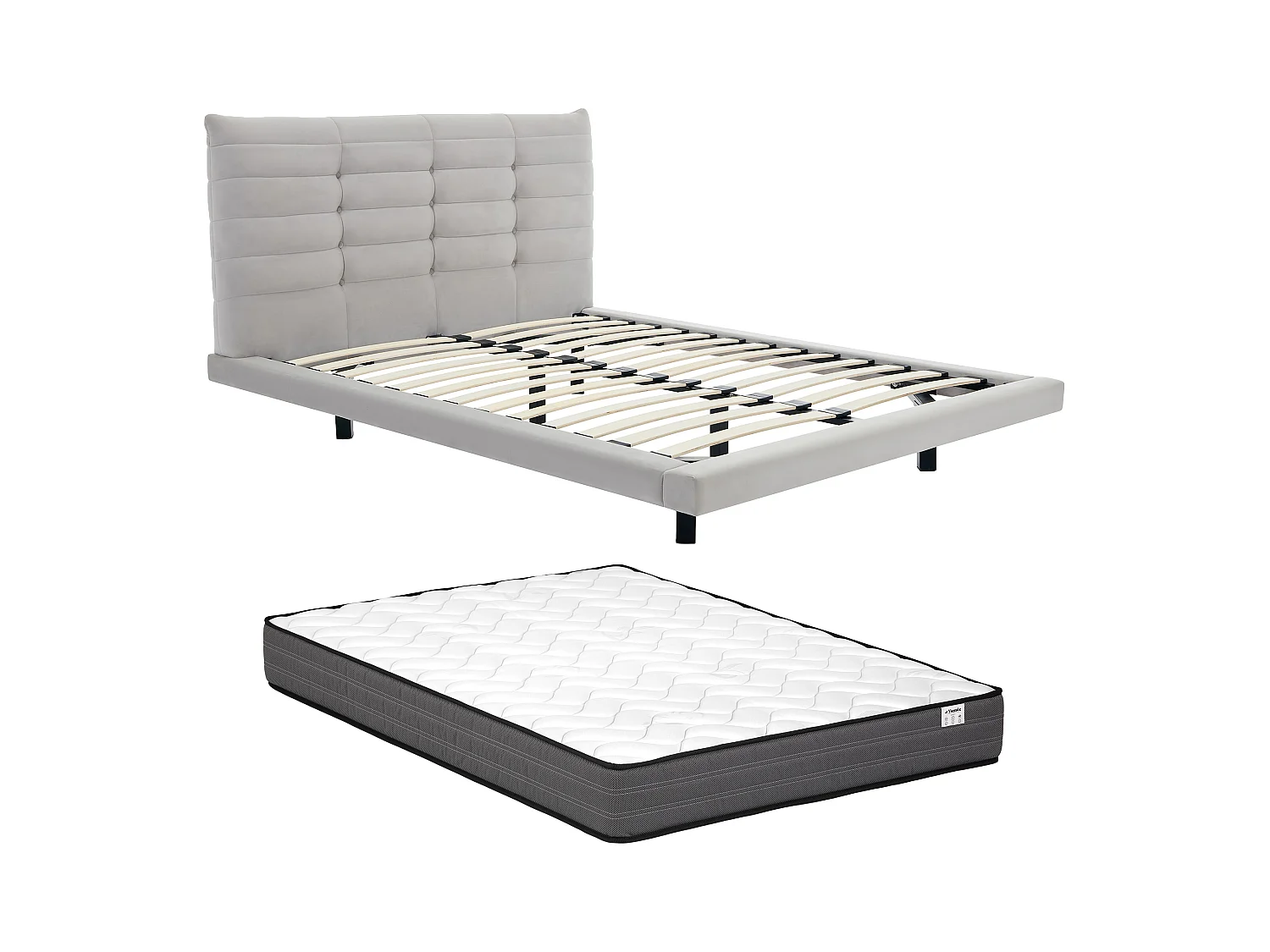 Bed 160 x 200 cm met hoofdbord met capitons - Velours - Grijs + matras - NISATIO