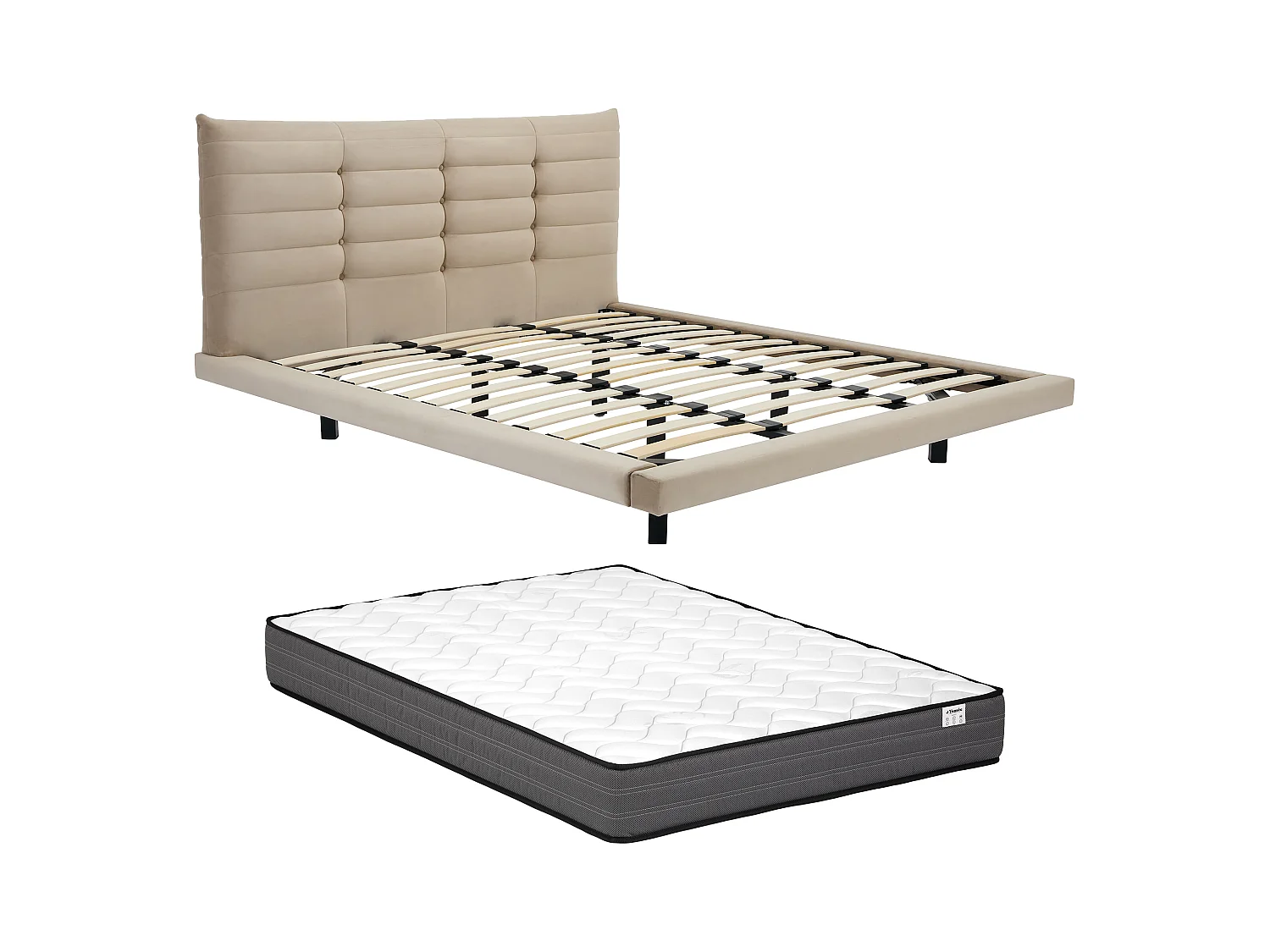 Cama de 180 x 200 cm con cabecero capitoné - Terciopelo - Beige + Colchón - NISATIO