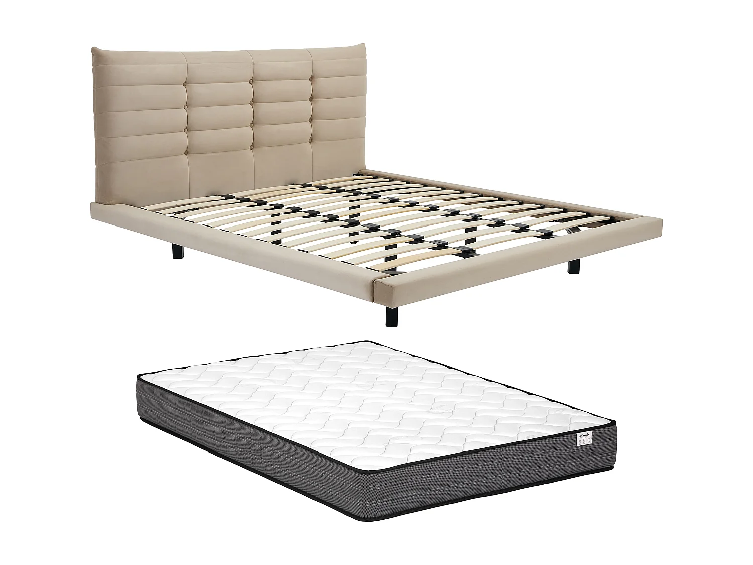 Lit 180 x 200 cm avec tête de lit capitonnée - Velours - Beige + Matelas - NISATIO