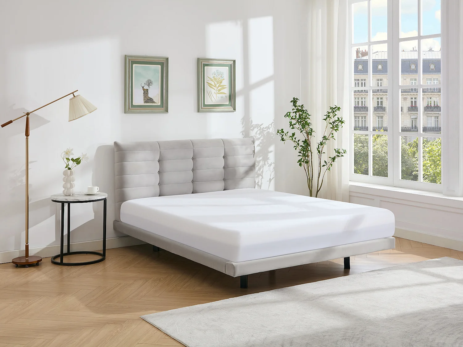 Lit 180 x 200 cm avec tête de lit capitonnée - Velours - Gris + Matelas - NISATIO