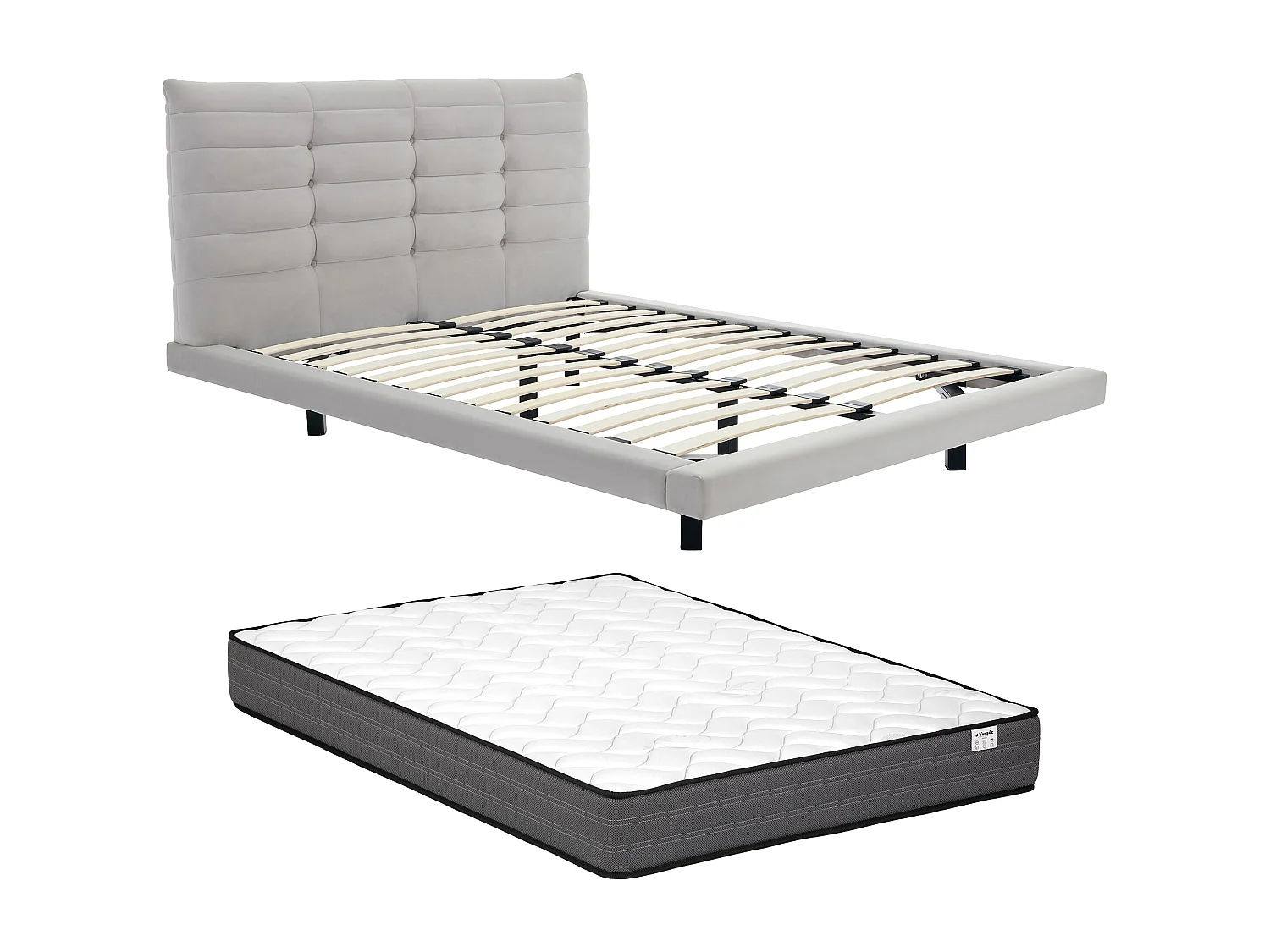 Lit 180 x 200 cm avec tête de lit capitonnée - Velours - Gris + Matelas - NISATIO