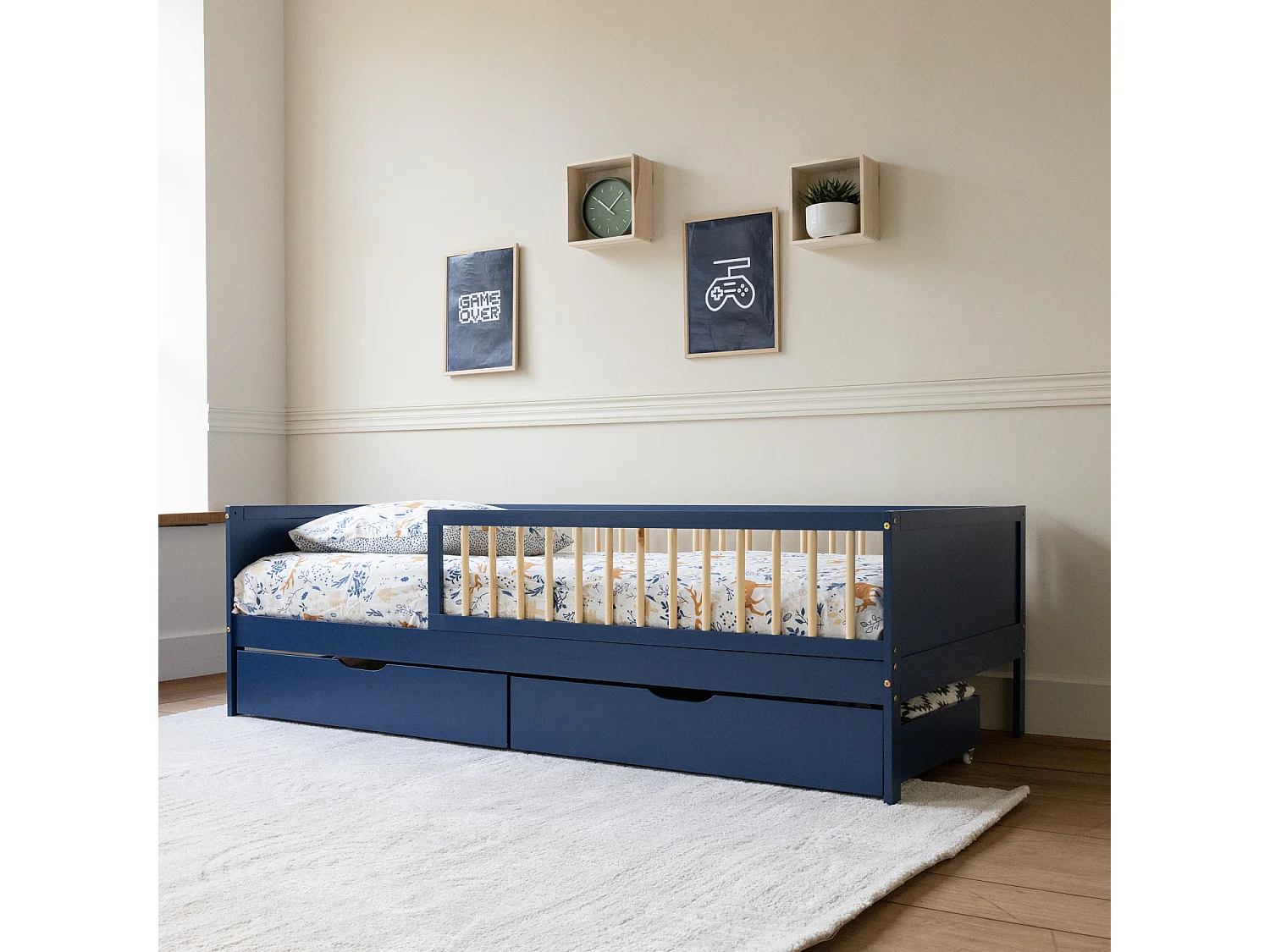 Lit pour enfant 190x90cm bleu foncé avec tiroirs ADAM - HAPPY GARDEN