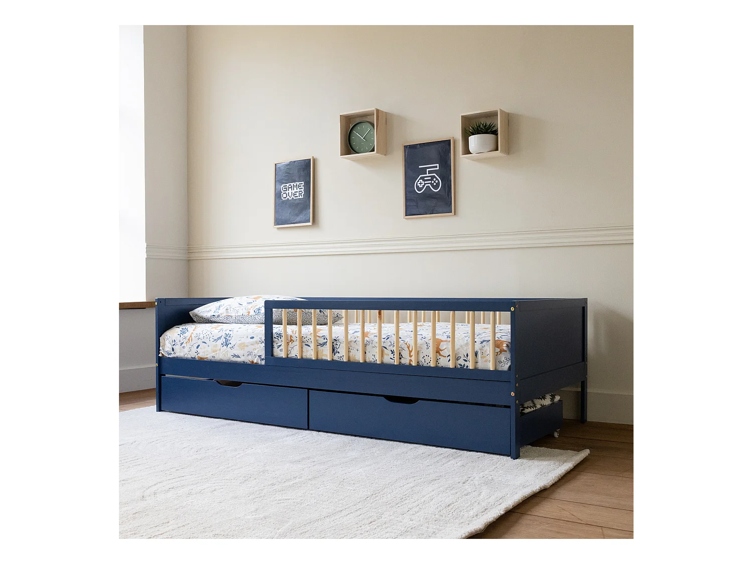 Lit pour enfant 190x90cm bleu foncé avec tiroirs ADAM - HAPPY GARDEN