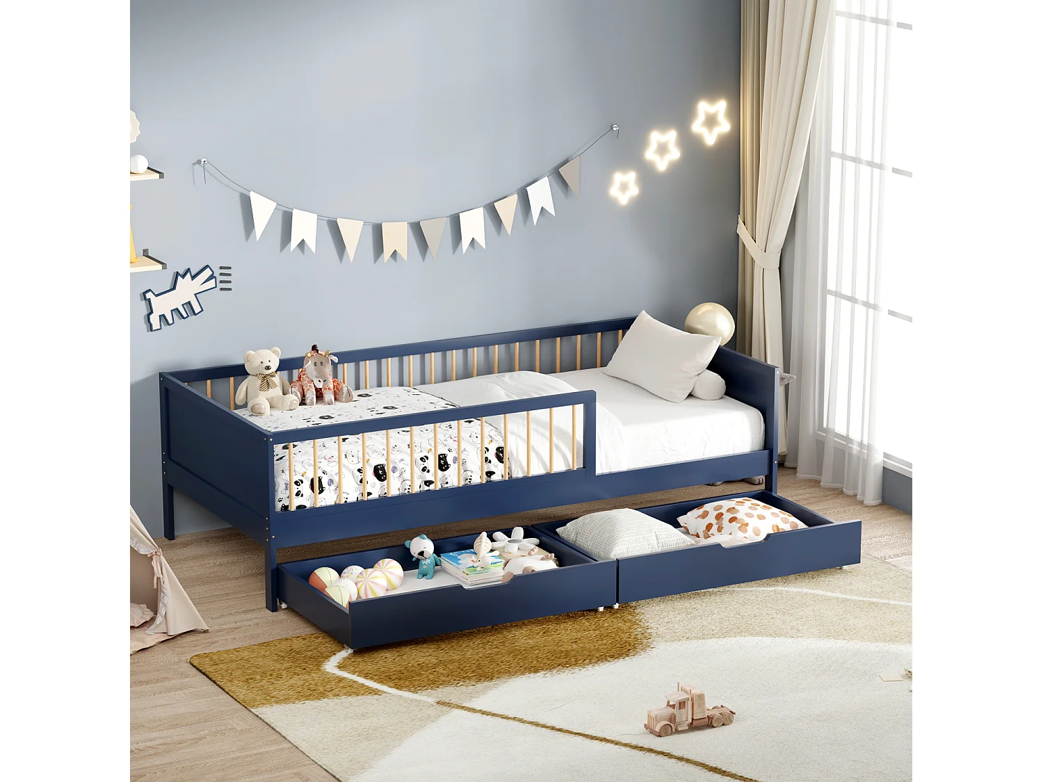 Lit pour enfant 190x90cm bleu foncé avec tiroirs ADAM - HAPPY GARDEN