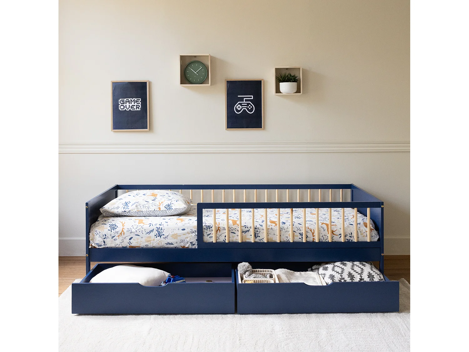 Lit pour enfant 190x90cm bleu foncé avec tiroirs ADAM - HAPPY GARDEN