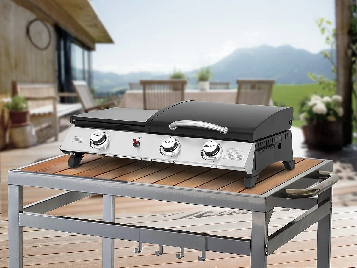 Plancha gaz avec couvercle "Rasio" - 7.5 KW - 3 brûleurs - Noir
