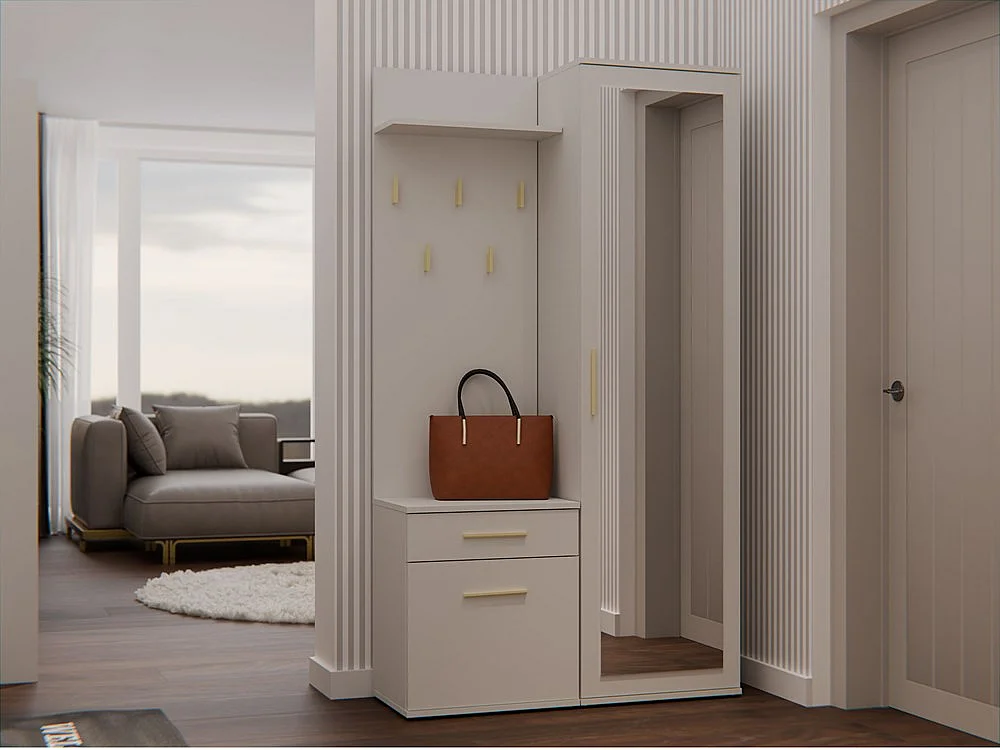 SHEILA - Vestiaire d'entrée avec miroir - Armoire + porte-manteau - Rangements chaussures - Beige