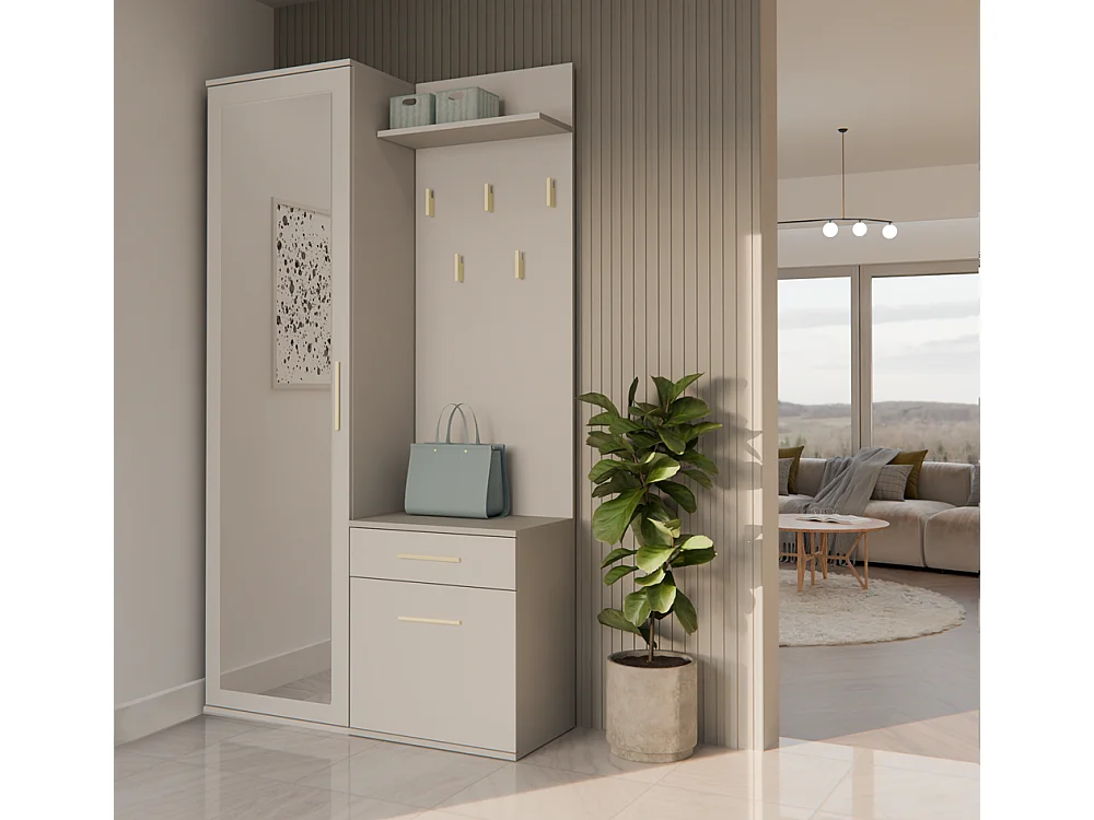 SHEILA - Vestiaire d'entrée avec miroir - Armoire + porte-manteau - Rangements chaussures - Beige